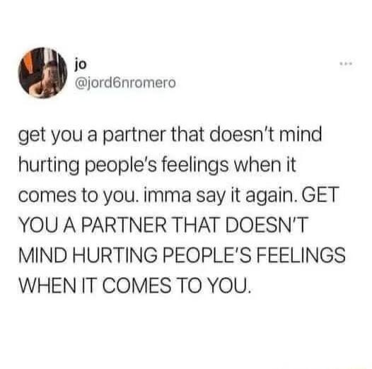 get you a partner that doesn't mind hurting people's feelings when it comes to you. imma say it again. GET YOU A PARTNER THAT DOESN'T MIND HURTING PEOPLE'S FEELINGS WHEN IT COMES TO YOU.