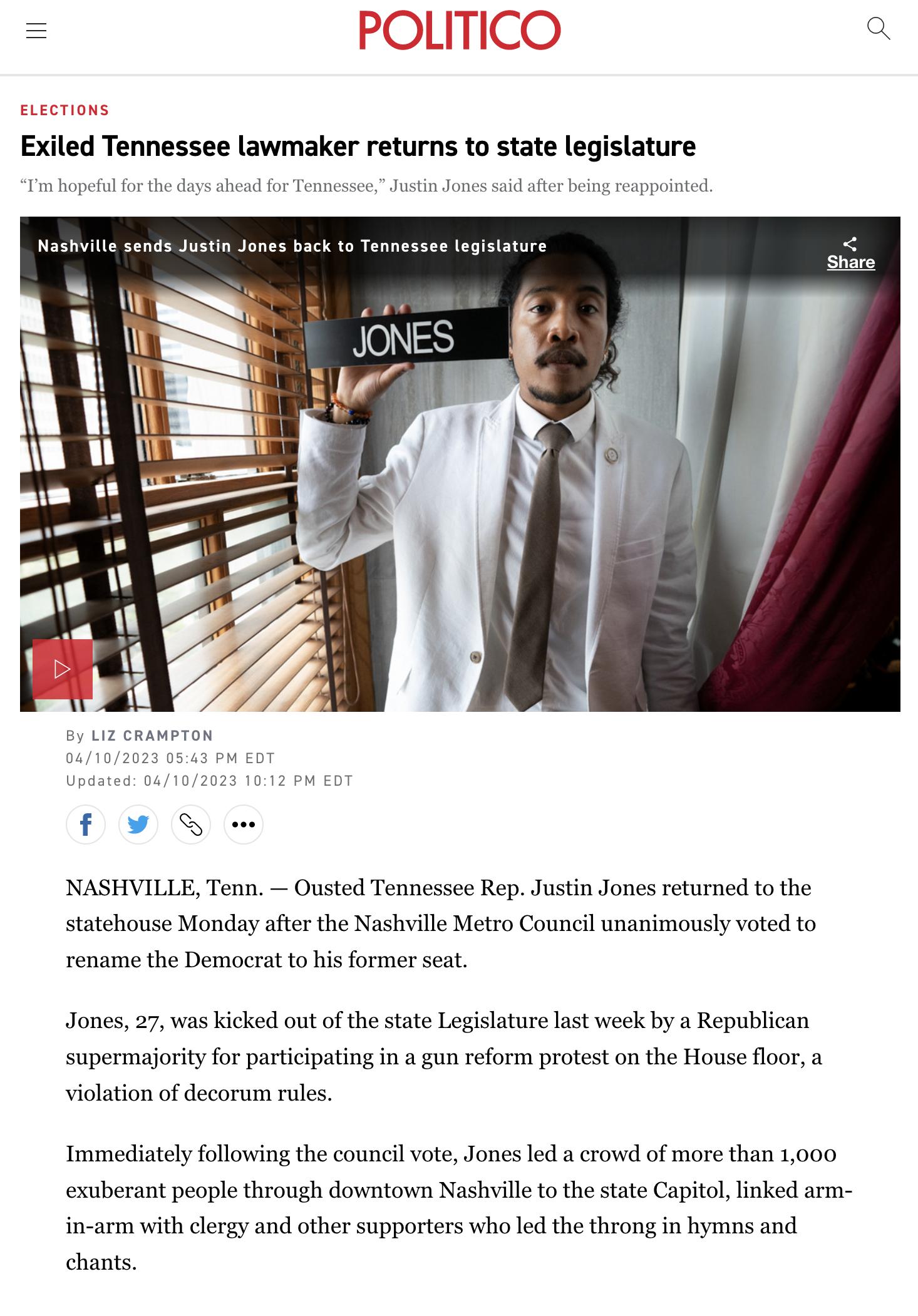 POLITICO X Exiled Tennessee lawmaker returns to state legislature NASHVILLE Tenn Ousted Tennessee Rep Justin Jones returned o the statehouse Monday aftr the Nashville Metro Council unanimously voted to rename the Democrat o his former s Jones 27 was kicked out of the state Legislature lat week by a Republican supermajority for participating in gun reform protest on the House floora violation of de