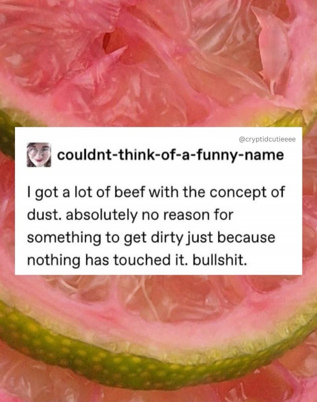 couldnt-think-of-a-funny-name @cryptidcutieeee I got a lot of beef with the concept of dust. absolutely no reason for something to get dirty just because nothing has touched it. bullshit.