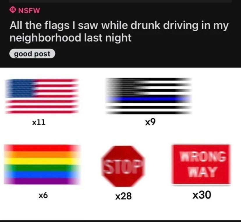 o 6259 A All the flags saw while drunk driving in my neighborhood last night good post