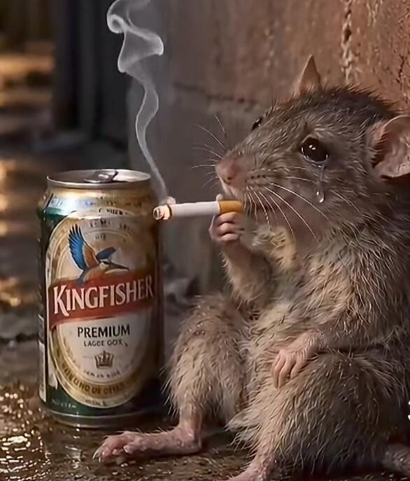 Kingfisher Premium. A rat is smoking a cigarette and crying.