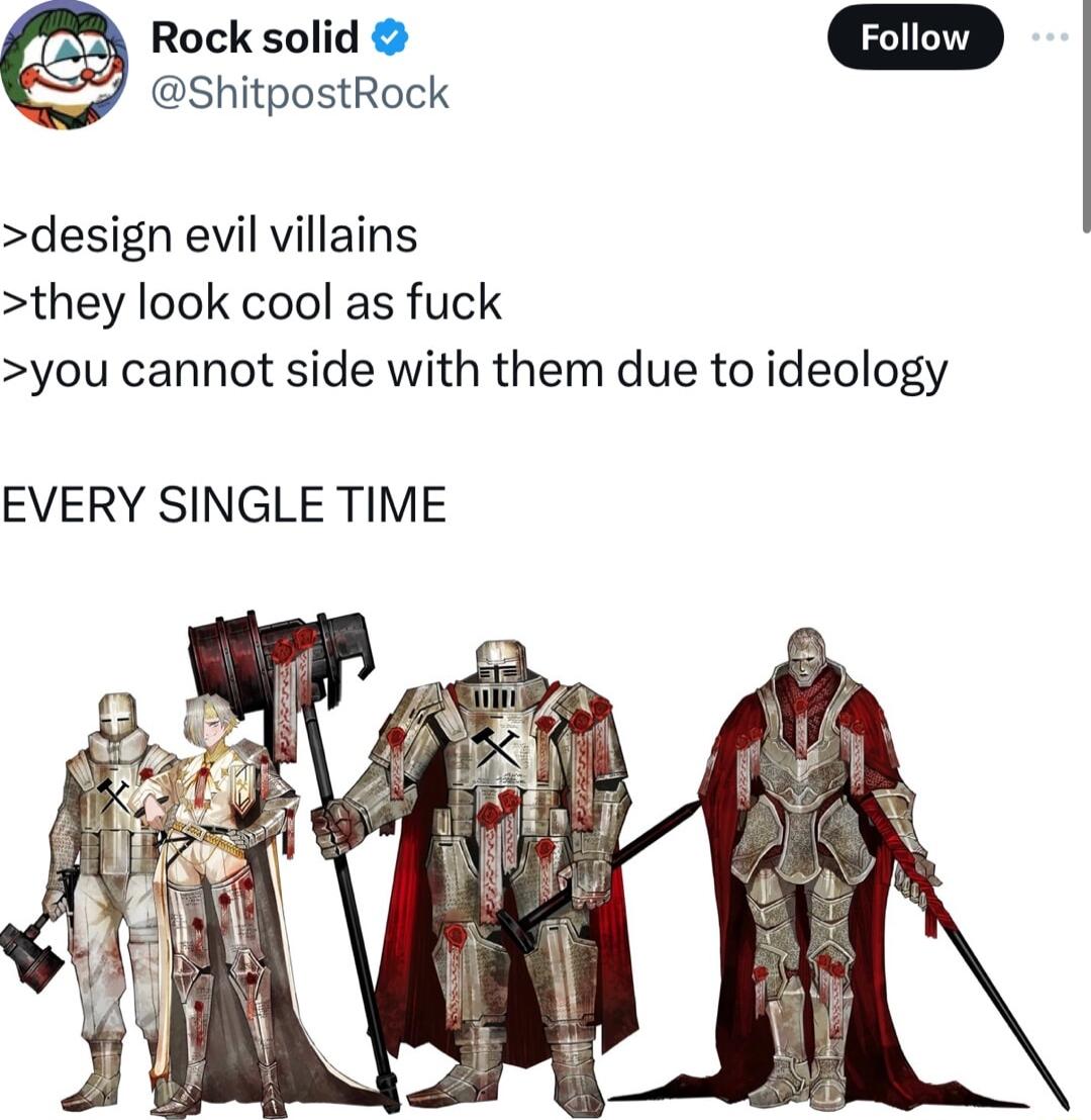 Rock solid hitpostRock design evil villains they look cool as fuck you cannot side with them due to ideology EVERY SINGLE TIME