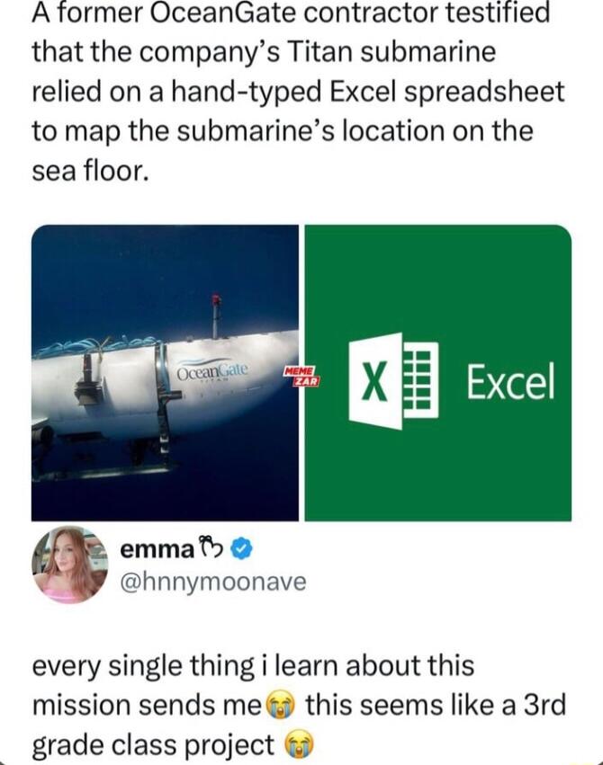 Atormer OceanGate contractor testitied that the companys Titan submarine relied on a hand typed Excel spreadsheet to map the submarines location on the sea floor 5 ng Excel L emma hnnymoonave every single thing i learn about this mission sends me this seems like a 3rd grade class project