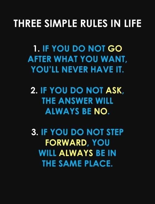 THREE SIMPLE RULES IN LIFE LR elilre e N clo AFTER WHAT YOU WANT YOULL NEVER HAVE IT R olllrofl o 8 THE ANSWER WILL LN 914 o 3 IF YOU DO NOT STEP FORWARD YOU WILL ALWAYS BE IN THE SAME PLACE