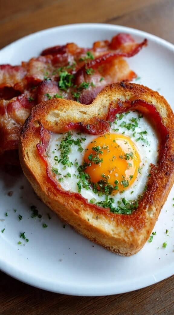 Heart-shaped toast with a sunny-side-up egg in the middle, surrounded by crispy bacon on a white plate, garnished with parsley.