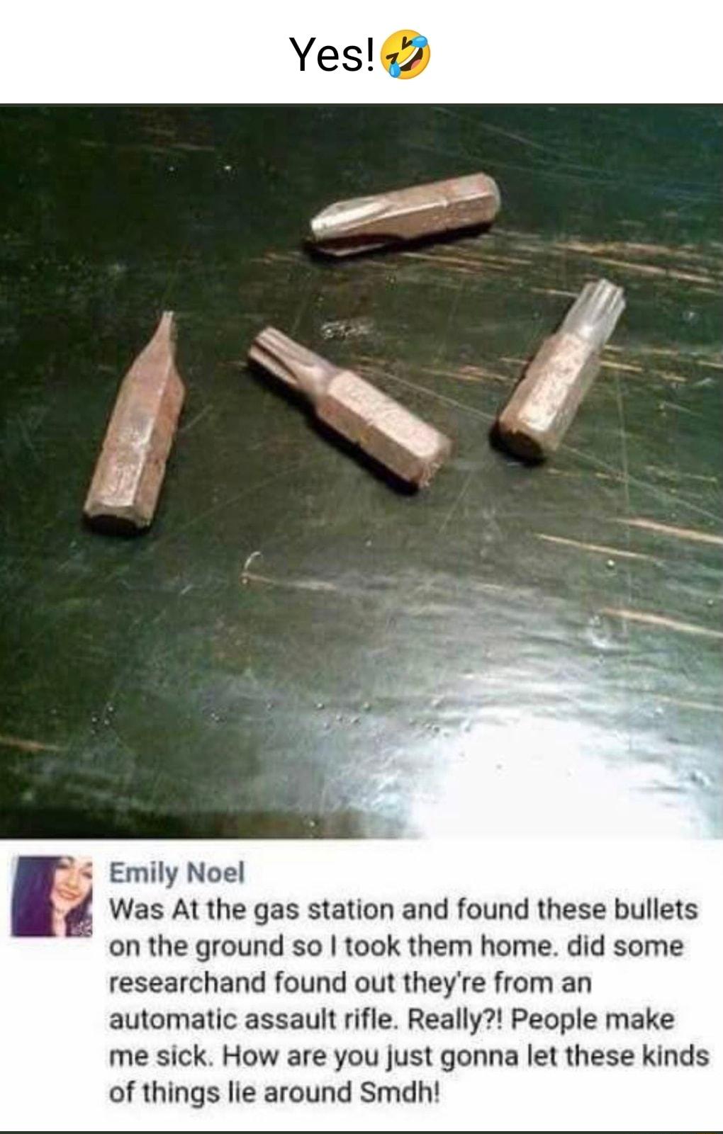 Emily Noel Was At the gas station and found these bullets on the ground so took them home did some researchand found out theyre from an automatic assault rifle Really People make me sick How are you just gonna let these kinds of things lie around Smdh