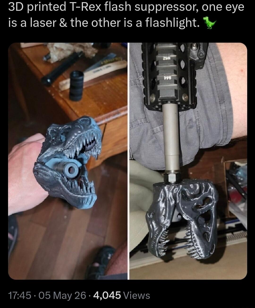 3D printed T-Rex flash suppressor, one eye is a laser & the other is a flashlight.