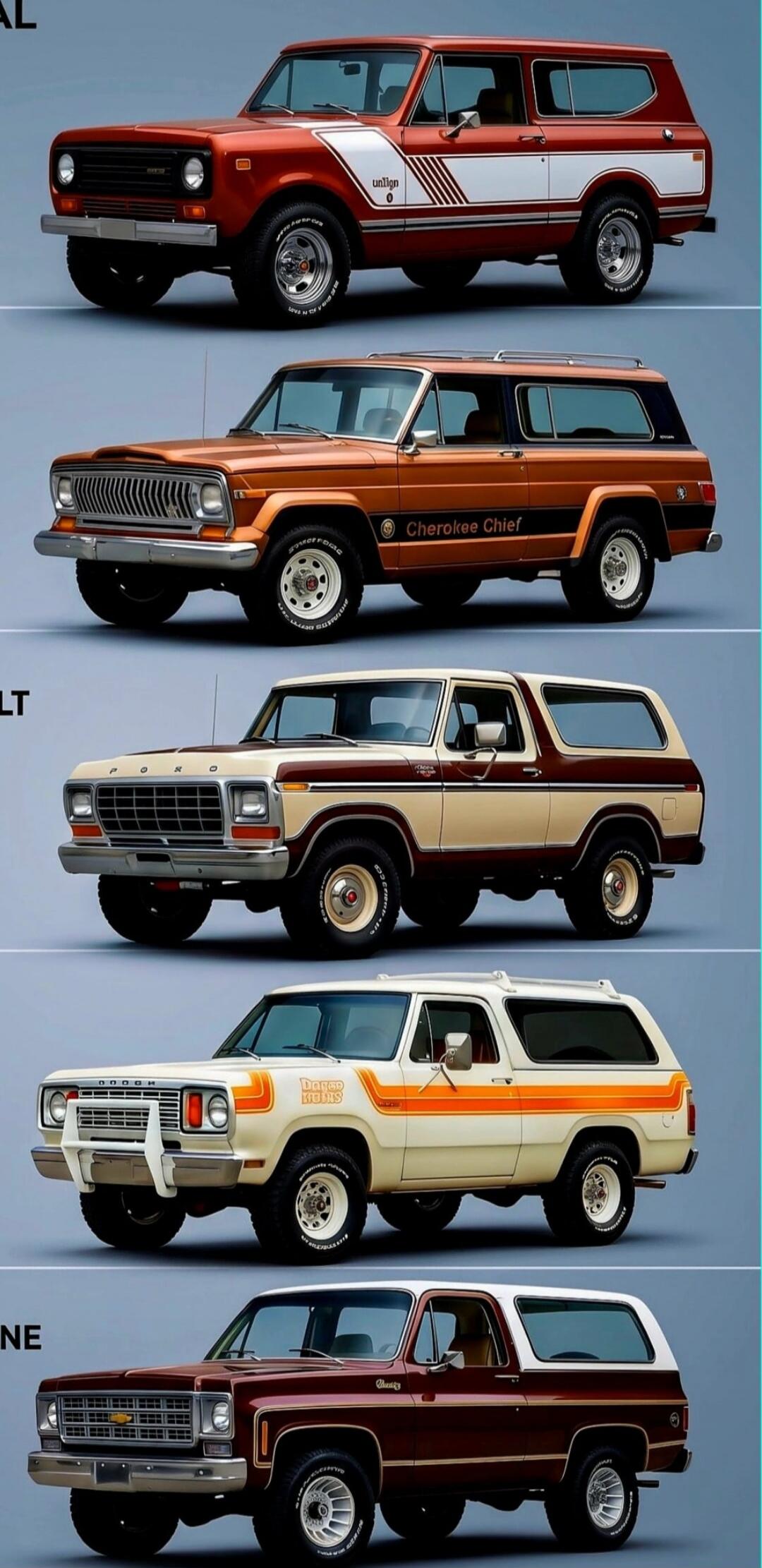 A collection of classic American SUVs including International Scout, Jeep Cherokee Chief, Ford Bronco, Dodge Ramcharger, and Chevrolet K5 Blazer. Text visible includes 'unlign 0', 'Cherokee Chief', 'FORD', 'DODGE', 'Dodge Trucks', and 'Chevy'.