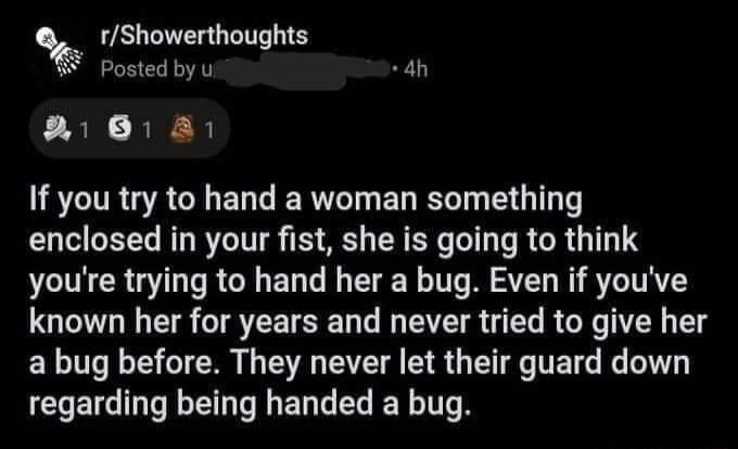 rShowerthoughts W Posted by u 4h K1 081 8 ISTIRGACHELL R ER R T T enclosed in your fist she is going to think youre trying to hand her a bug Even if youve known her for years and never tried to give her a bug before They never let their guard down EEICIL L ENT L ELG L YT