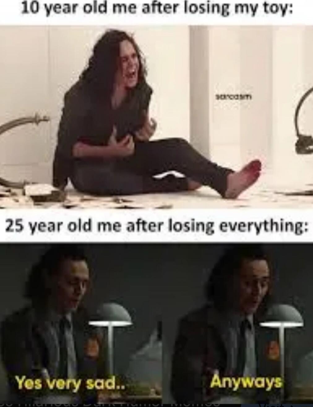 10 year old me after losing my toy:
25 year old me after losing everything:
Yes very sad...
Anyways