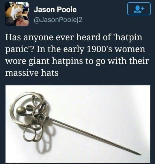 2 Jason Poole S ONER Tl TP Has anyone ever heard of hatpin panic In the early 1900s women wore giant hatpins to go with their SUERSACIIETH