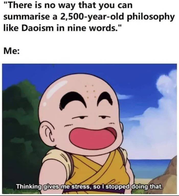There is no way that you can summarise a 2500 year old philosophy like Daoism in nine words Thinkinglgivesime stress so stoppeddoing that