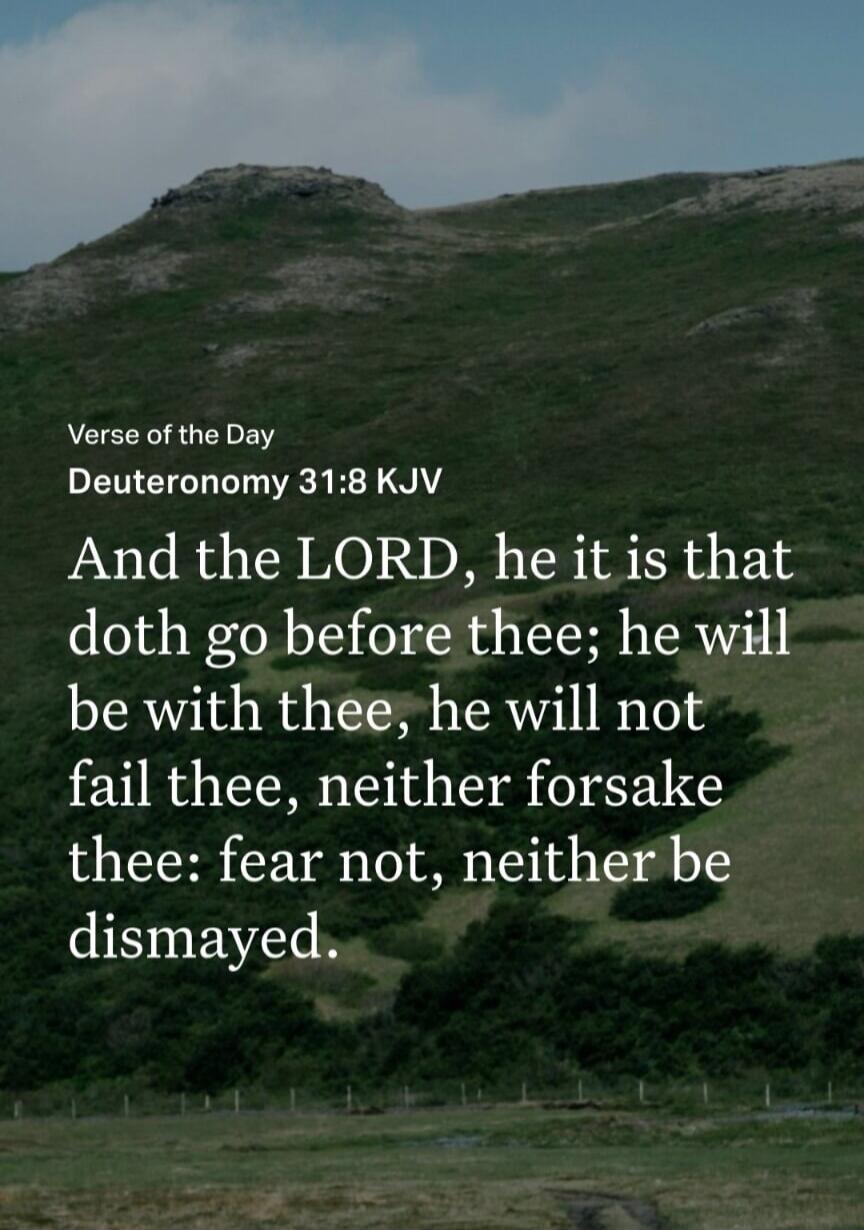 Verse of the Day Deuteronomy 31:8 KJV And the LORD, he it is that doth go before thee; he will be with thee, he will not fail thee, neither forsake thee: fear not, neither be dismayed.
