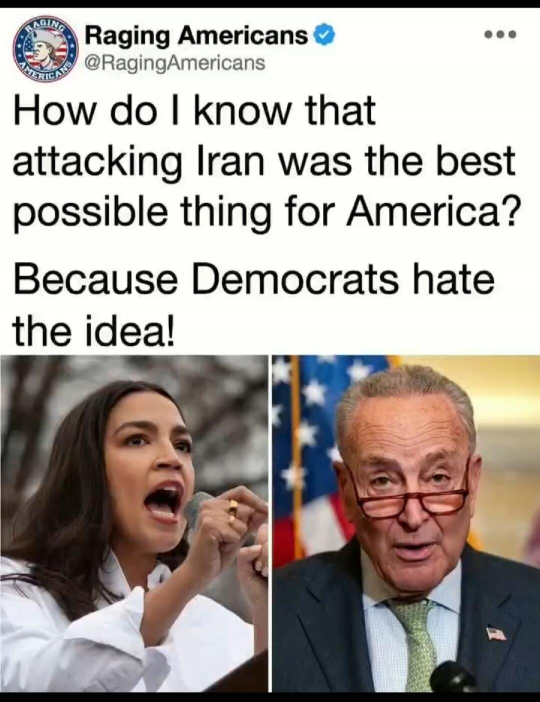 Raging Americans @RagingAmericans How do I know that attacking Iran was the best possible thing for America? Because Democrats hate the idea!