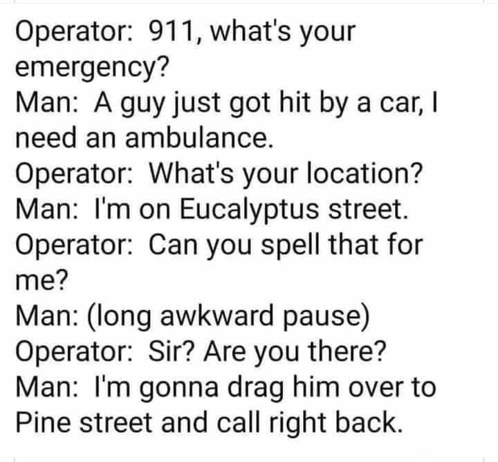 Operator 911 whats your emergency Man A guy just got hit by a car need an ambulance Operator Whats your location Man Im on Eucalyptus street Operator Can you spell that for me Man long awkward pause Operator Sir Are you there Man Im gonna drag him over to Pine street and call right back