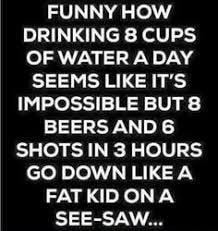 FUNNY HOW DRINKING 8 CUPS OF WATER A DAY SEEMS LIKE ITS IMPOSSIBLE BUT 8 BEERS AND 6 SHOTS IN 3 HOURS GO DOWN LIKE A FATKID ONA SEE SAW