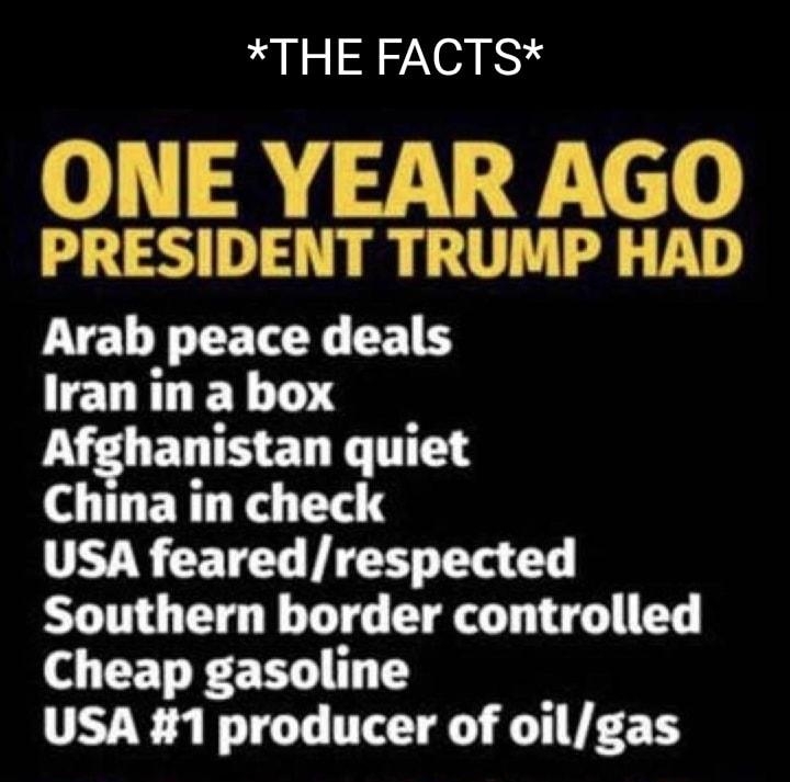 THE FACTS ONE YEAR AGO PRESIDENT TRUMP HAD Arab peace deals Iran in a box anistan quiet China in check USA fearedrespected Southern border controlled CET PETTY USA 1 producer of oilgas