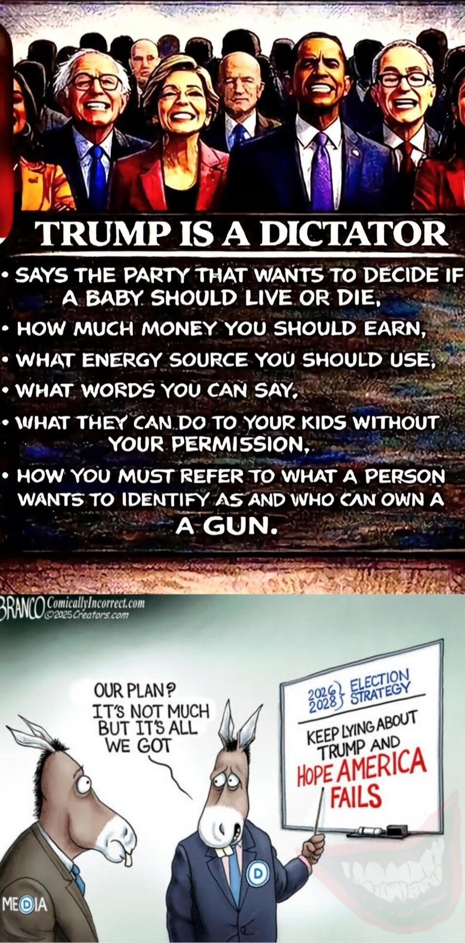TRUMP IS A DICTATOR. SAYS THE PARTY THAT WANTS TO DECIDE IF A BABY SHOULD LIVE OR DIE, HOW MUCH MONEY YOU SHOULD EARN, WHAT ENERGY SOURCE YOU SHOULD USE, WHAT WORDS YOU CAN SAY, WHAT THEY CAN DO TO YOUR KIDS WITHOUT YOUR PERMISSION, HOW YOU MUST REFER TO WHAT A PERSON WANTS TO IDENTIFY AS AND WHO CAN OWN A GUN. OUR PLAN? IT'S NOT MUCH BUT IT'S ALL 
