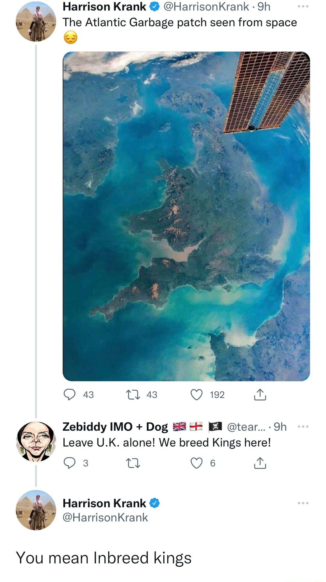 Harrison Krank HarrisonKrank 9h i The Atlantic Garbage patch seen from space Q 43 M 43 Q 192 Zebiddy IMO Dog EA tear 9h r 5 o Leave UK alone We breed Kings here T 968 w Q e Harrison Krank L HarrisonKrank You mean Inbreed kings
