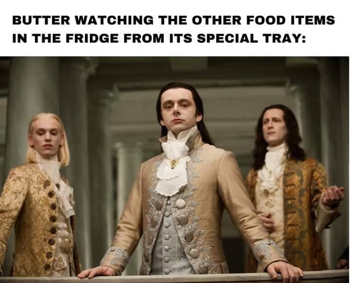 BUTTER WATCHING THE OTHER FOOD ITEMS IN THE FRIDGE FROM ITS SPECIAL TRAY