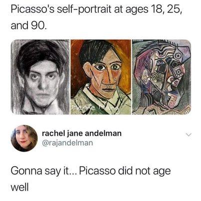 Picassos self portrait at ages 18 25 and 90 rachel jane andelman rajandelman Gonna say it Picasso did not age well