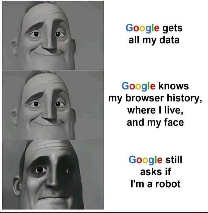 Google gets all my data. Google knows my browser history, where I live, and my face. Google still asks if I'm a robot.