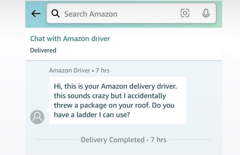 Q Search Amazon Chat with Amazon driver Delivered Amazon Driver 7 hrs Hi this is your Amazon delivery driver this sounds crazy but accidentally threw a package on your roof Do you Q have a ladder can use Delivery Completed 7 hrs