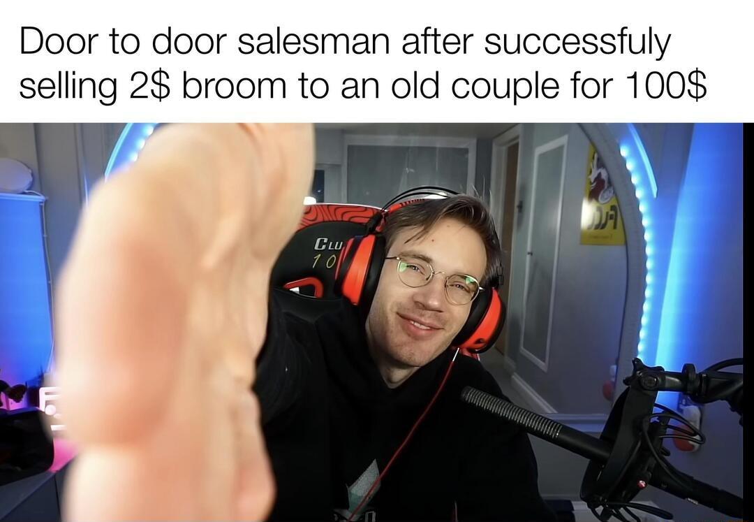 Door to door salesman after successfuly selling 2 broom to an old couple for 100 A A