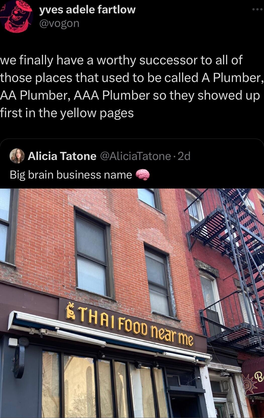 yves adele fartlow vogon we finally have a worthy successor to all of those places that used to be called A Plumber AA Plumber AAA Plumber so they showed up firstin the yellow pages Gf LUCER EN G LRGACEIEIG ERL Big brain business name