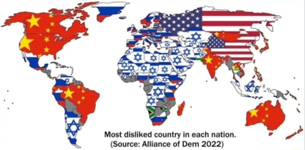 Most disiiked country in each nation Source Alliance of Dem 2022