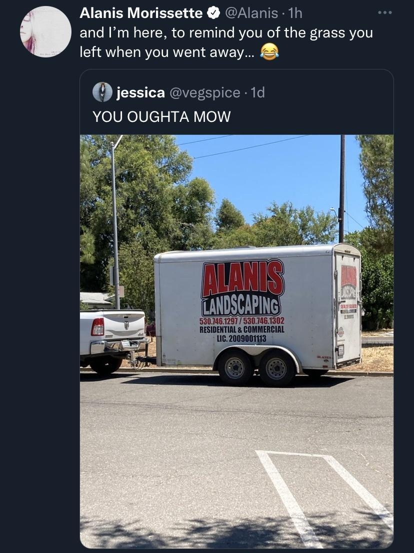 Alanis Morissette Alanis 1h and Im here to remind you of the grass you left when you went away jessica vegspice 1d YOU OUGHTA MOW Om M2w