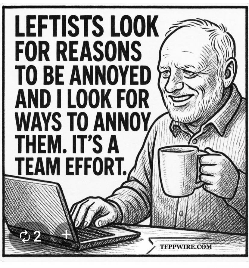LEFTISTS LOOK FOR REASONS TO BE ANNOYED AND I LOOK FOR WAYS TO ANNOY THEM. IT'S A TEAM EFFORT. TFPPWIRE.COM