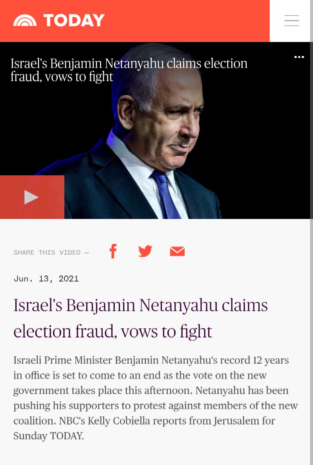 Israels Benjamin Netanyahu claims election fraud vows to fight Jun 13 2021 Israels Benjamin Netanyahu claims election fraud vows to fight Israeli Prime Minister Benjamin Netanyahus record 12 years in office is set to come to an end as the vote on the new government takes place this afternoon Netanyahu has been pushing his supporters to protest against members of the new coalition NBCs Kelly Cobiel