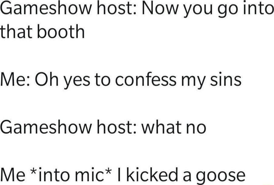 Gameshow host Now you go Into that booth Me Oh yes to confess my sins Gameshow host what no Me into mic kicked a goose