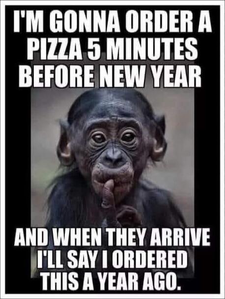 I'M GONNA ORDER A PIZZA 5 MINUTES BEFORE NEW YEAR AND WHEN THEY ARRIVE I'LL SAY I ORDERED THIS A YEAR AGO.