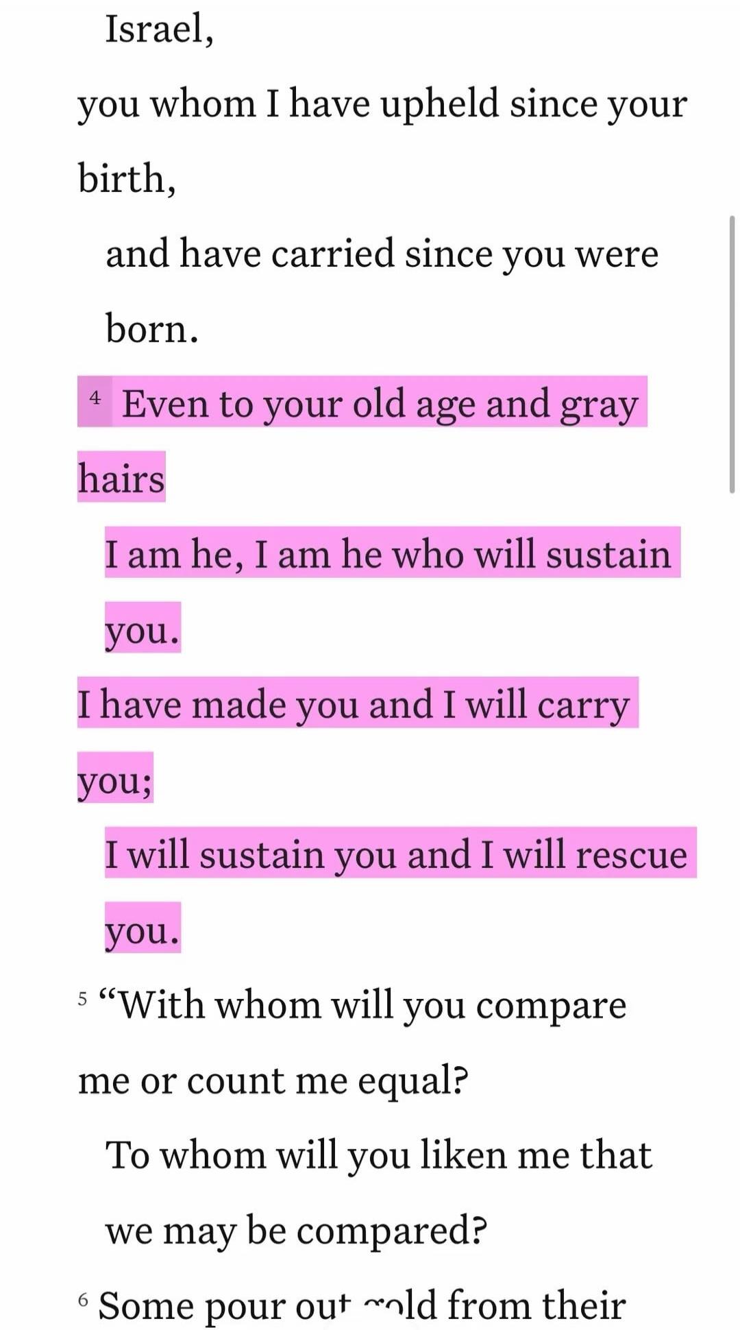 Israel, you whom I have upheld since your birth, and have carried since you were born. Even to your old age and gray hairs I am he, I am he who will sustain you. I have made you and I will carry you; I will sustain you and I will rescue you. 
