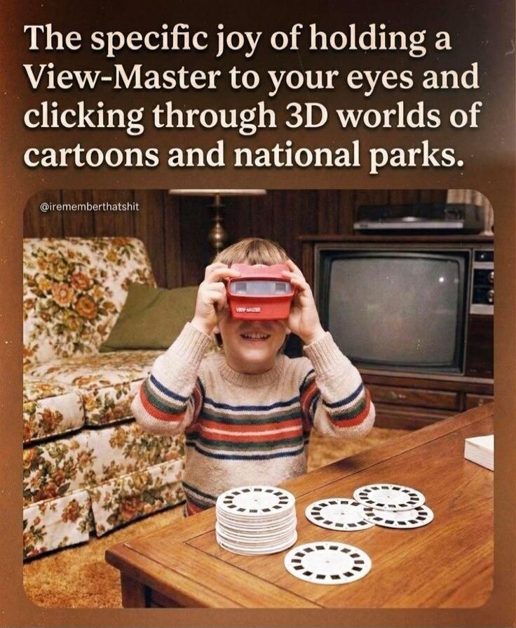The specific joy of holding a View-Master to your eyes and clicking through 3D worlds of cartoons and national parks.