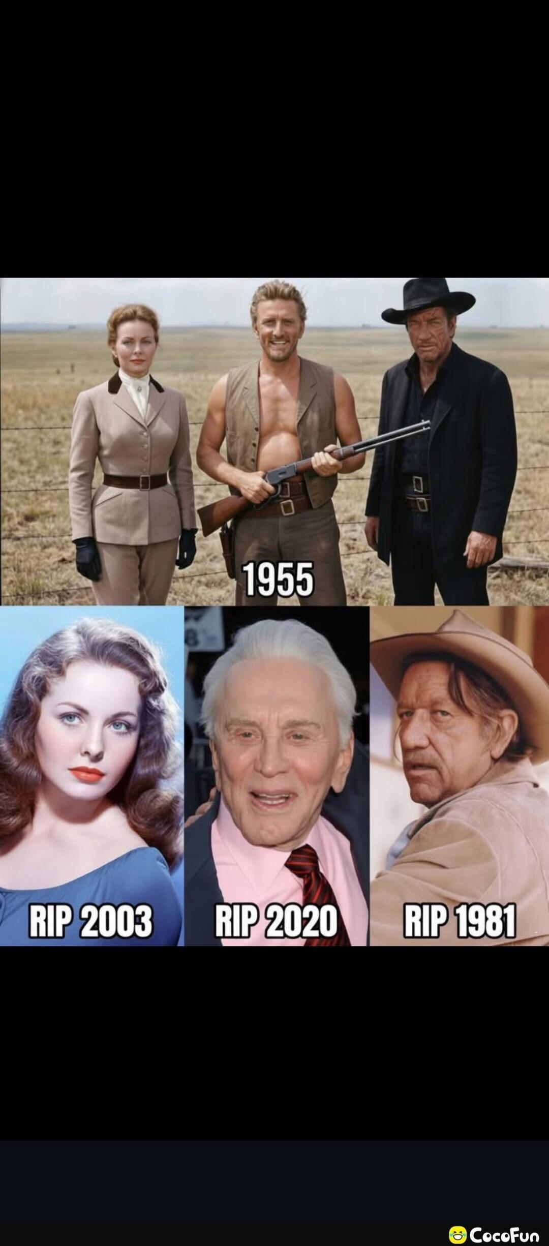 A meme showing three actors from the 1955 movie 'Man Without a Star' (Jeanne Crain, Kirk Douglas, and William Campbell) in a still from the film, juxtaposed with their later portraits and their respective death years: Jeanne Crain (RIP 2003), Kirk Douglas (RIP 2020), and William Campbell (RIP 1981). The text '1955', 'RIP 2003', 'RIP 2020', 'RIP 198