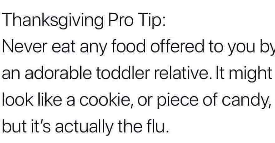 Thanksgiving Pro Tip Never eat any food offered to you by an adorable toddler relative It might look like a cookie or piece of candy but its actually the flu