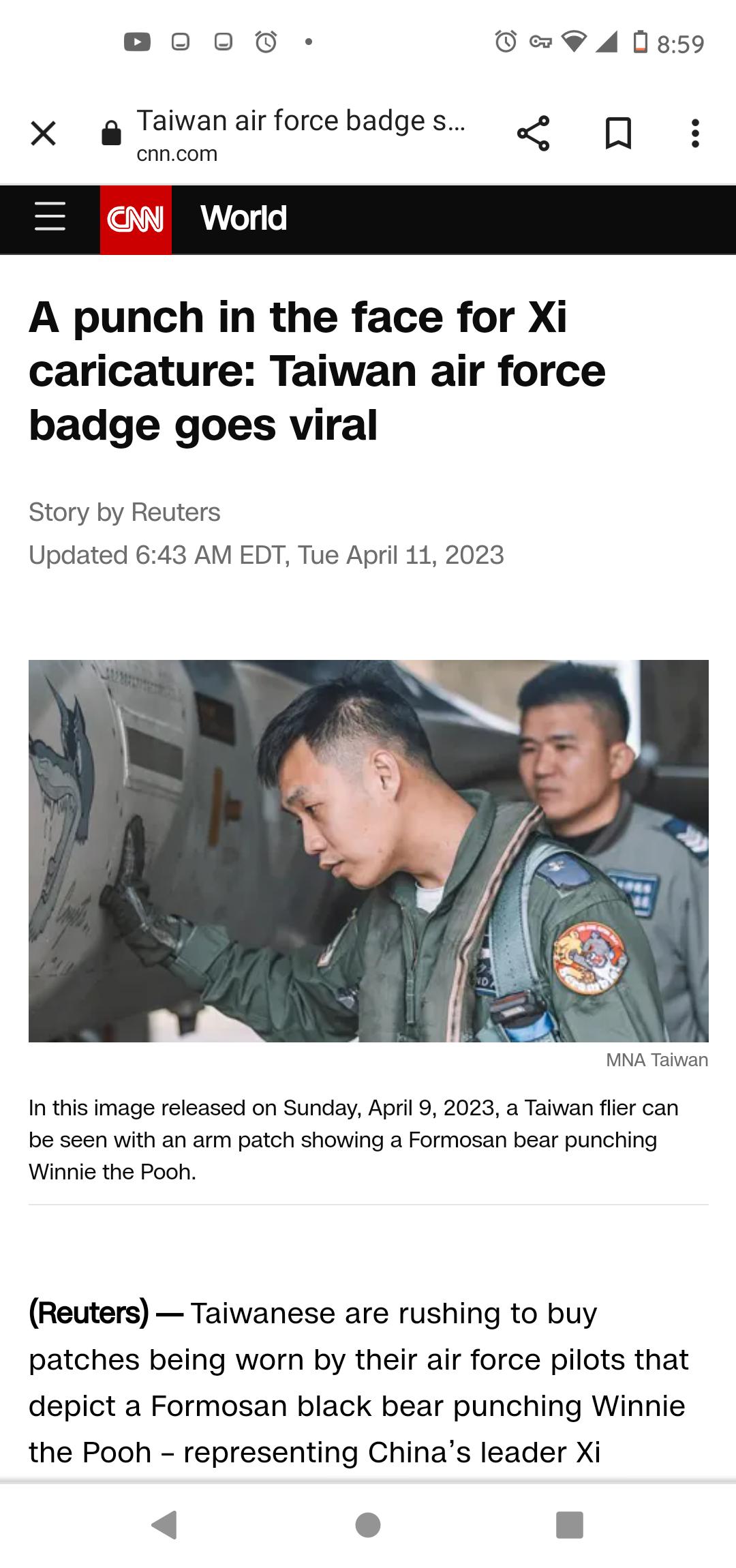 000 P 40859 X Taiwan air force badge s s o A punch in the face for Xi caricature Taiwan air force badge goes viral Story by Reuters Updated 643 AM EDT Tue April 11 2023 MNA Talwan In this image released on Sunday April 9 2023 a Taiwan flier can be seen with an arm patch showing a Formosan bear punching Winnie the Pooh Reuters Taiwanese are rushing to buy patches being worn by their air force pilot
