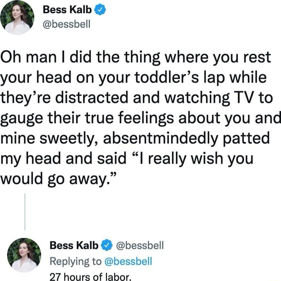 a Bess Kalb bessbell Oh man did the thing where you rest your head on your toddlers lap while theyre distracted and watching TV to gauge their true feelings about you and mine sweetly absentmindedly patted my head and said I really wish you would go away a Bess Kalb bessbell Replying to bessbell 27 hours of labor