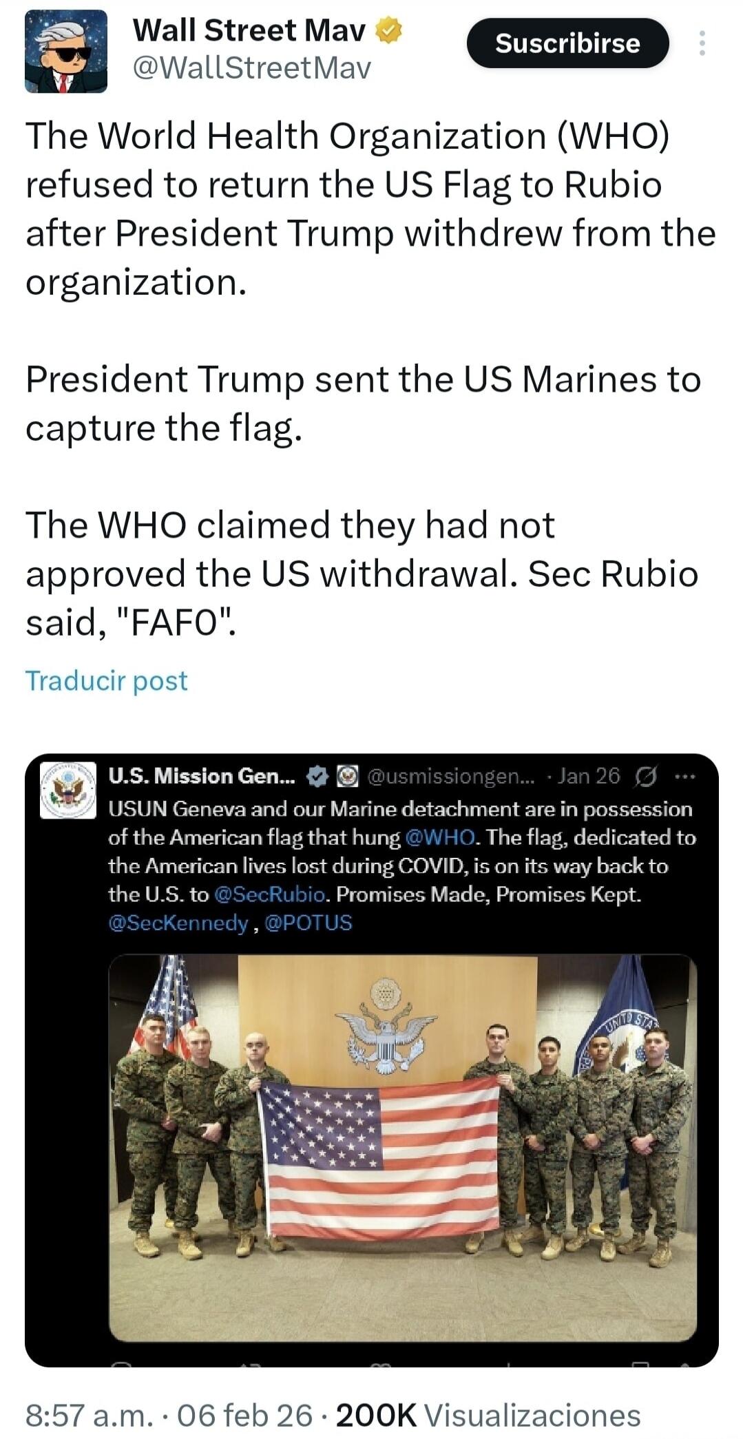 The World Health Organization (WHO) refused to return the US Flag to Rubio after President Trump withdrew from the organization.\n\nPresident Trump sent the US Marines to capture the flag.\n\nThe WHO claimed they had not approved the US withdrawal. Sec Rubio said, 