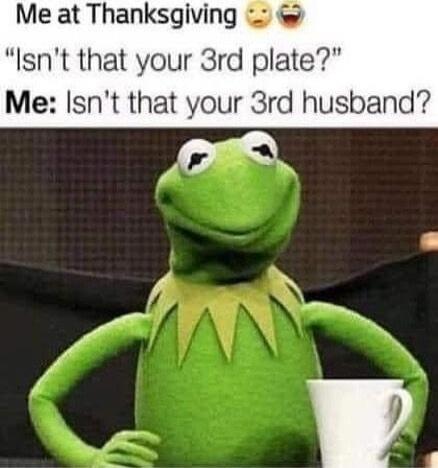 Me at Thanksgiving 😒😂 'Isn't that your 3rd plate?' Me: Isn't that your 3rd husband?