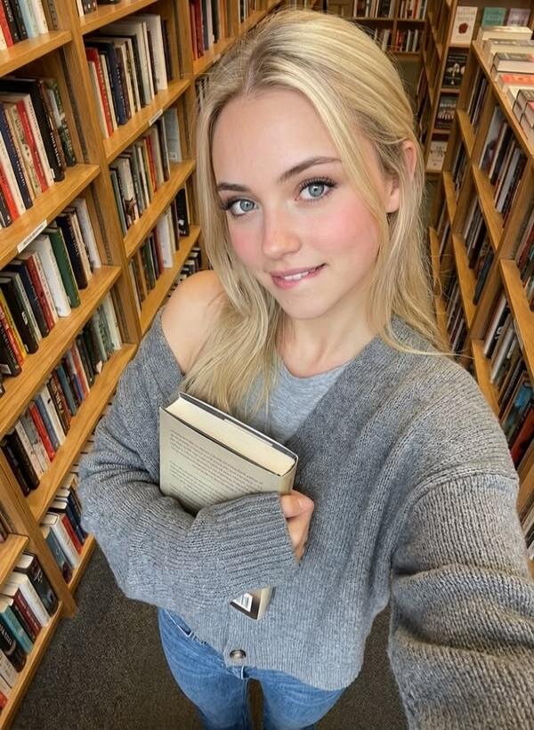 A young blonde woman with blue eyes is standing in a bookstore, holding a book and smiling at the camera. She is wearing a grey cardigan and jeans, surrounded by bookshelves.