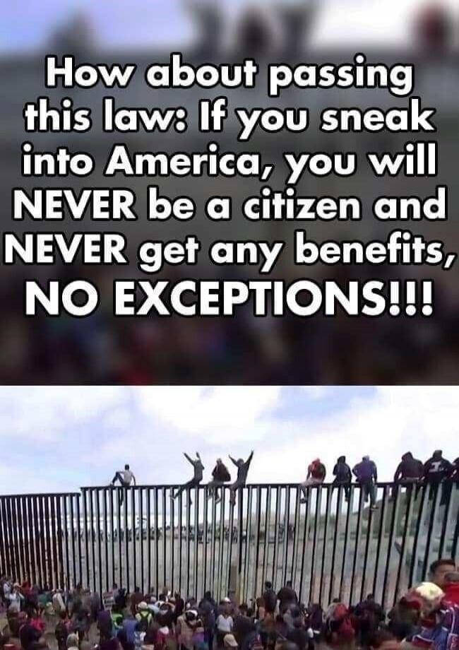 How about passing this law: If you sneak into America, you will NEVER be a citizen and NEVER get any benefits, NO EXCEPTIONS!!!