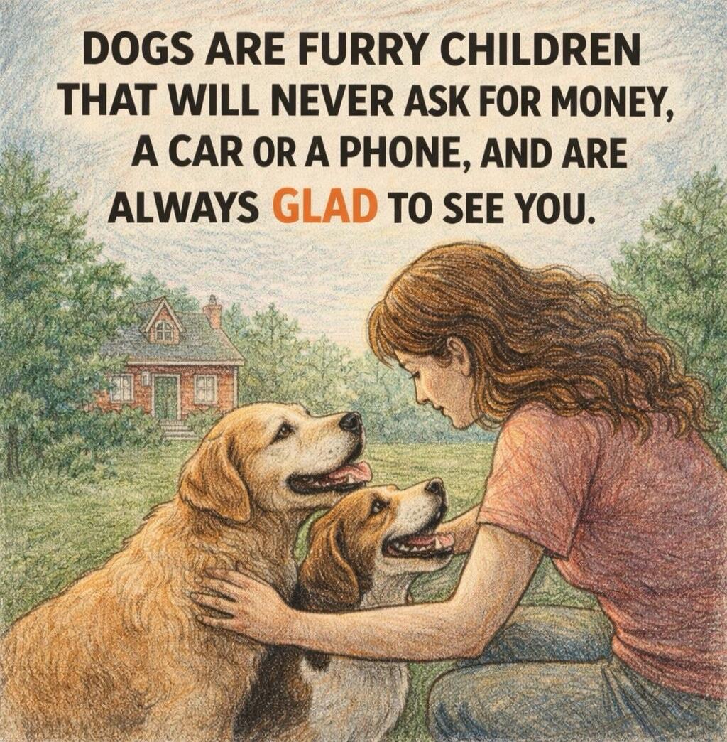 DOGS ARE FURRY CHILDREN THAT WILL NEVER ASK FOR MONEY, A CAR OR A PHONE, AND ARE ALWAYS GLAD TO SEE YOU.