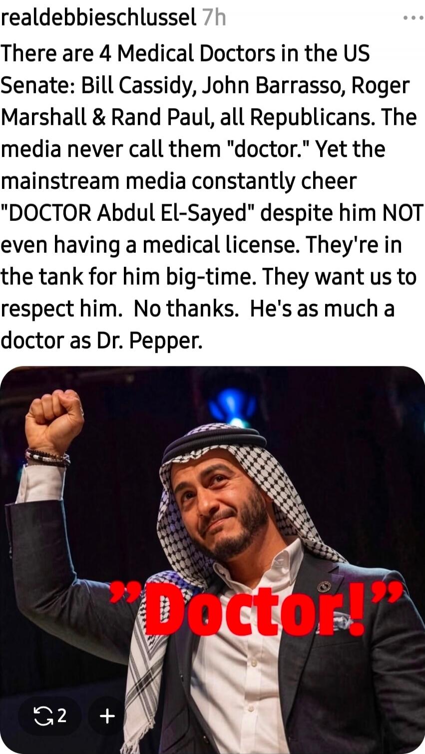 There are 4 Medical Doctors in the US Senate: Bill Cassidy, John Barrasso, Roger Marshall & Rand Paul, all Republicans. The media never call them 