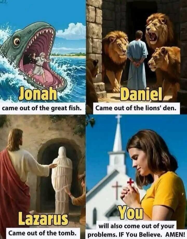Jonah came out of the great fish. Daniel Came out of the lions' den. Lazarus Came out of the tomb. You will also come out of your problems. If You Believe. AMEN!
