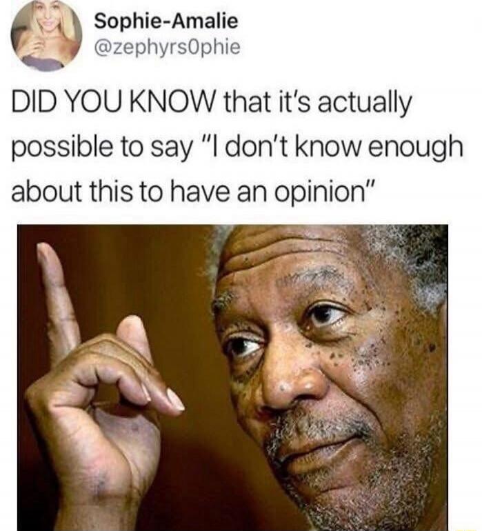 Sophie-Amalie @zephyrs0phie DID YOU KNOW that it's actually possible to say 'I don't know enough about this to have an opinion'