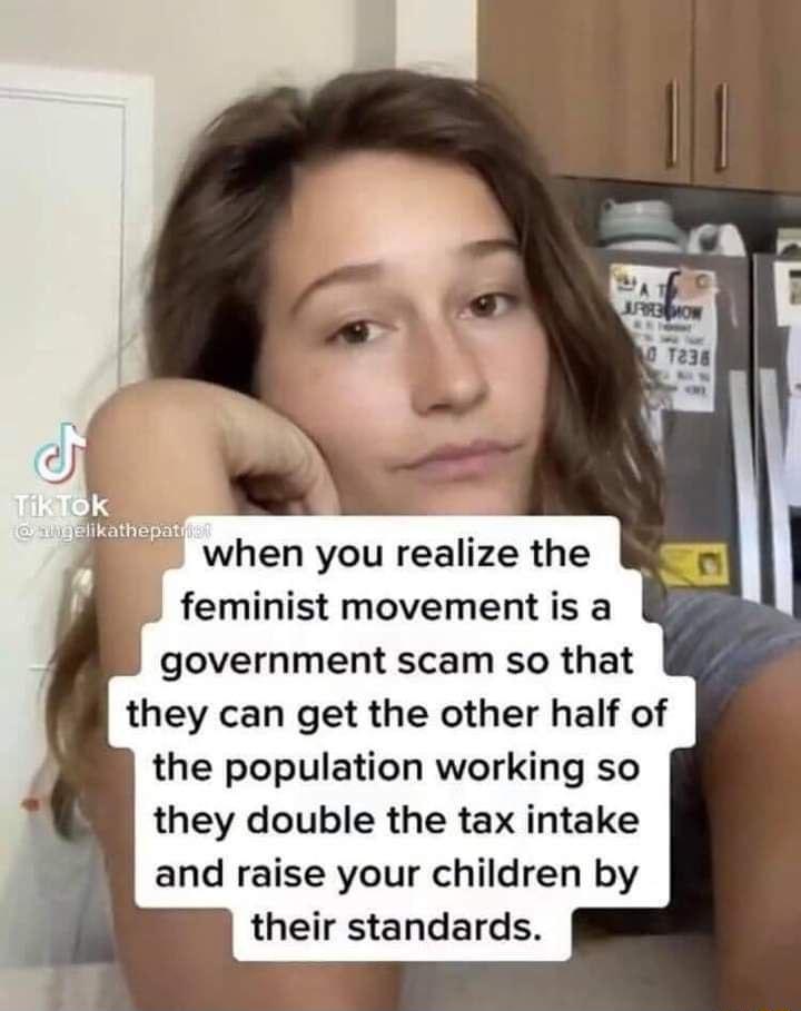 when you realize the feminist movement is a government scam so that they can get the other half of the population working so they double the tax intake and raise your children by their standards